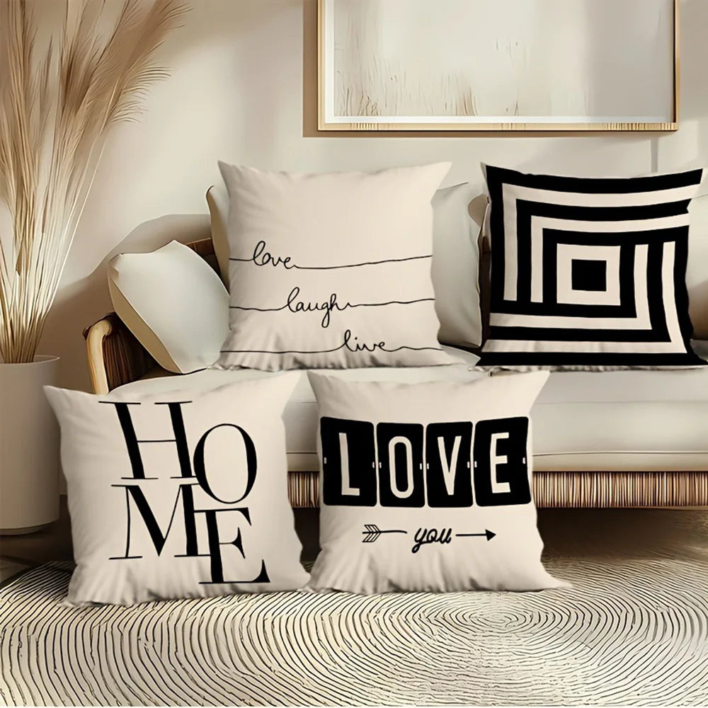 taies d'oreiller jacquard géométriques moderne non toxique 45x45cm polyester coton beige noir motifs textes