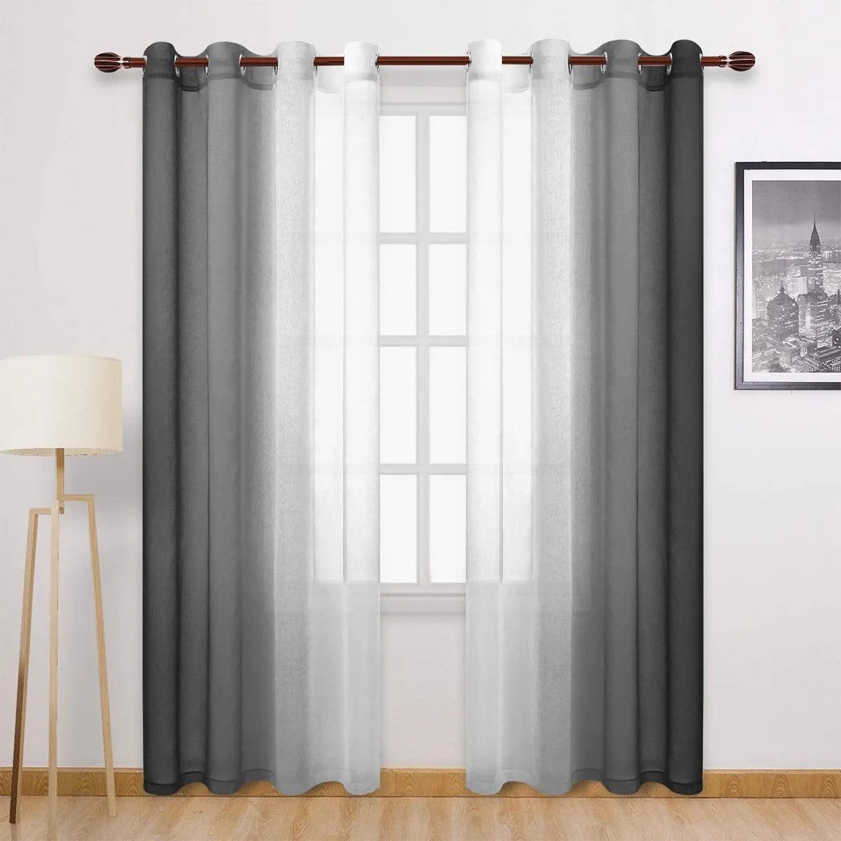 rideau moderne gris blanc semi transparent anneaux polyester coton deux panneaux chambre salon
