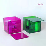 boîte rangement transparente moderne réutilisable respectueuse environnement violet vert bleu orange jaune cosmétiques bijoux