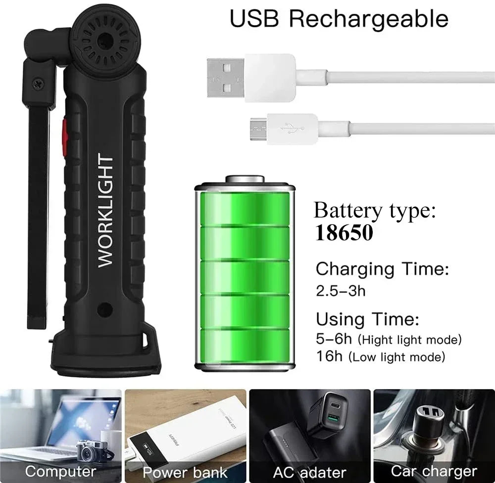 lampe torche rechargeable aimantée port usb type led camping noir.texture anti dérapante.mode faible haute