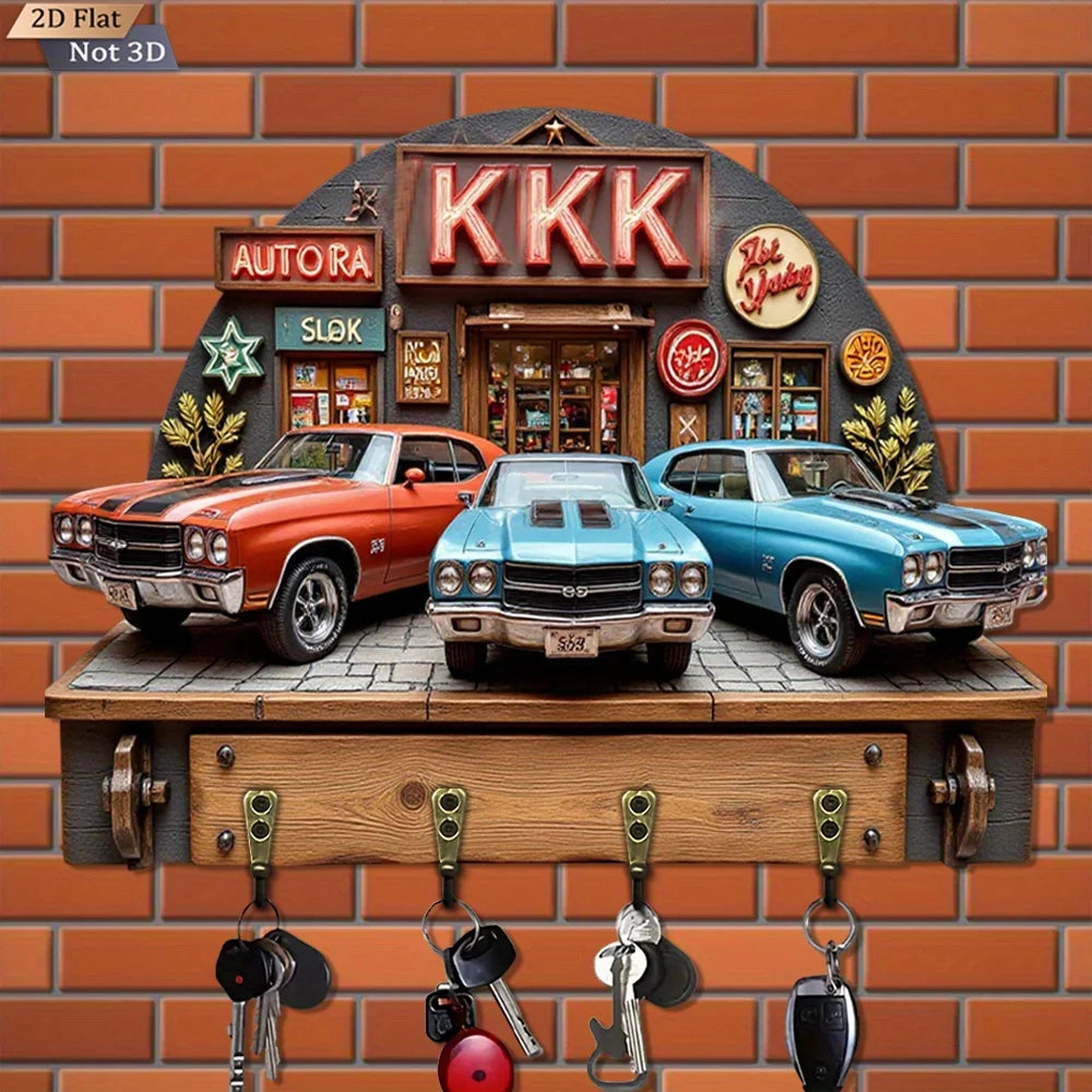 porte clés vintage panneau mural bois illustré voitures anciennes crochets métalliques garage automobile
