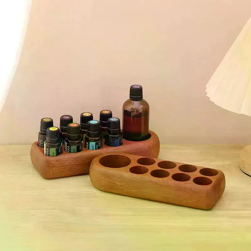 présentoir bois naturel rangement huiles essentielles flacons minimaliste salon beauté compartiments marbre marronclair