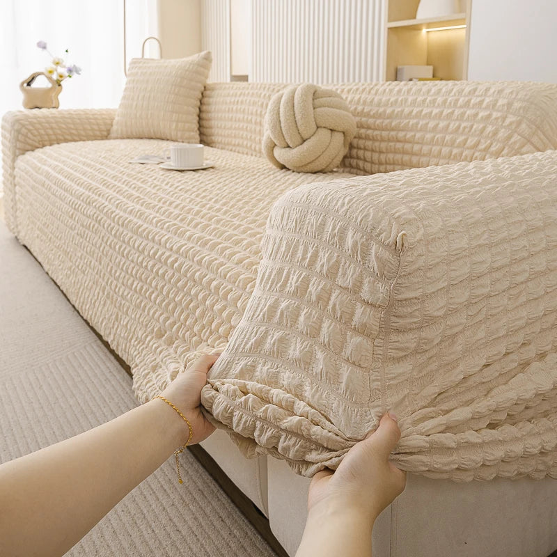 housse canapé universelle polyester spandex beige texture moderne fixations protection taches