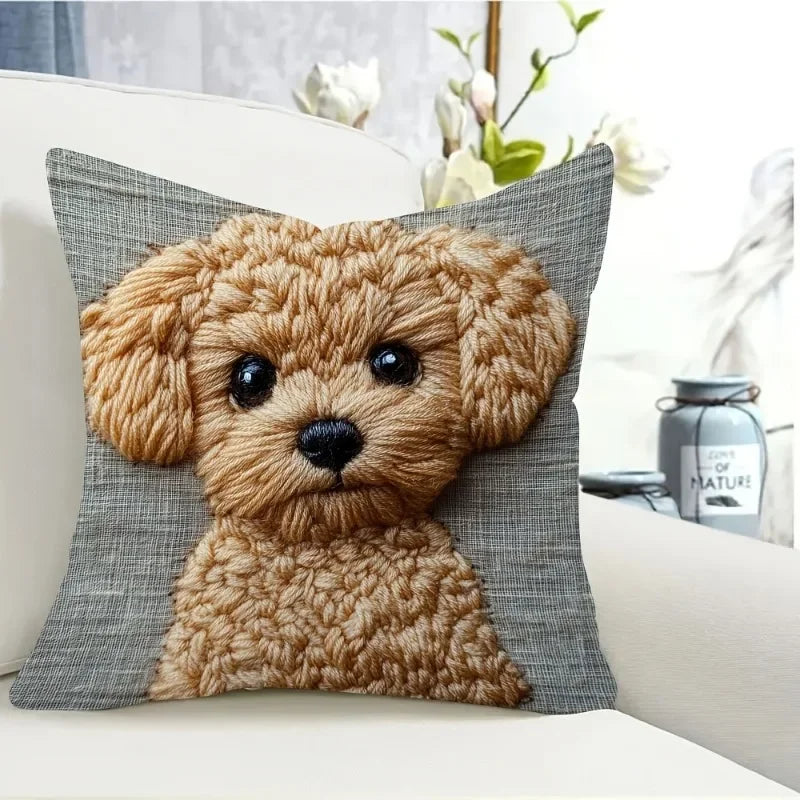 housse coussin imprimé chien mignon beige gris décorative maison lit polyester peachskin