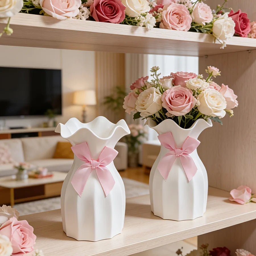 vase decoratif moderne texturé ondulé fleurs artificiels rubans rose salon