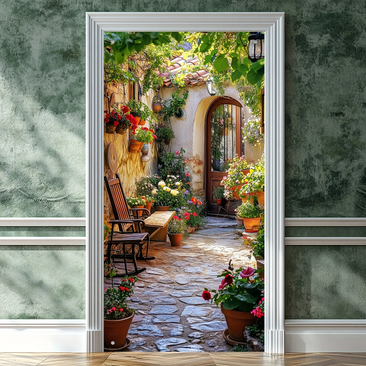 décoration murale jardin fleuri porte bois allée pavée anniversaire mariage événementextérieur festive