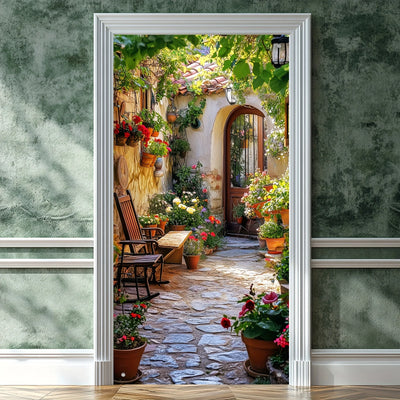 décoration murale jardin fleuri porte bois allée pavée anniversaire mariage événementextérieur festive