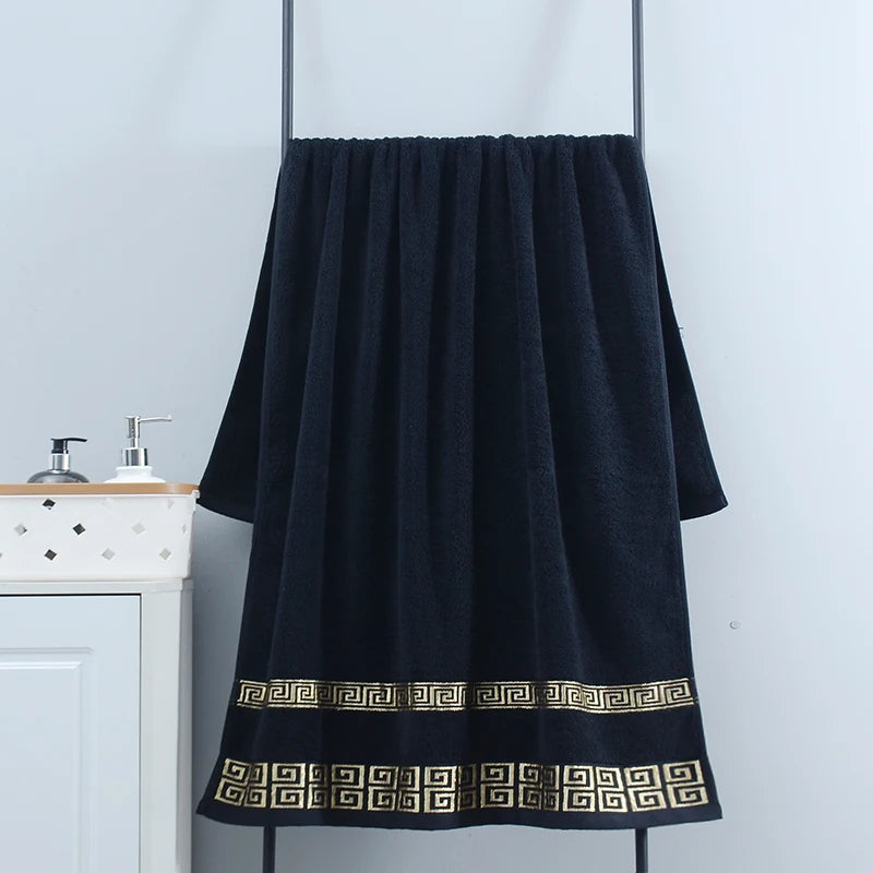 serviettes bain 100% coton brodées motif géométrique noir marron vert gris classiques