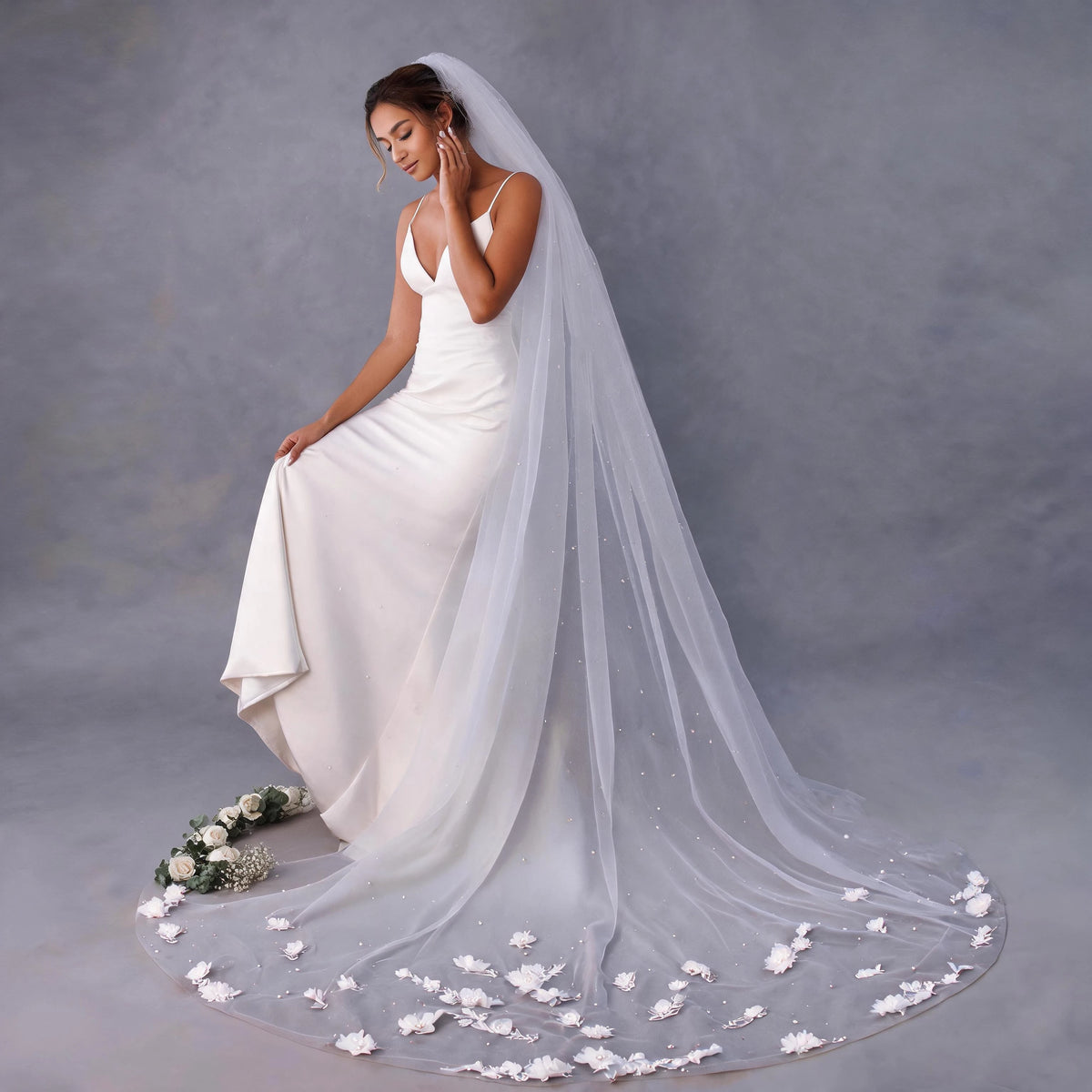 voile mariée blanc fleurs blanches classique bridal prom wedding translucent adult female