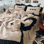 ensemble literie housse couverture taies nœuds noirs volants blancs filles doux