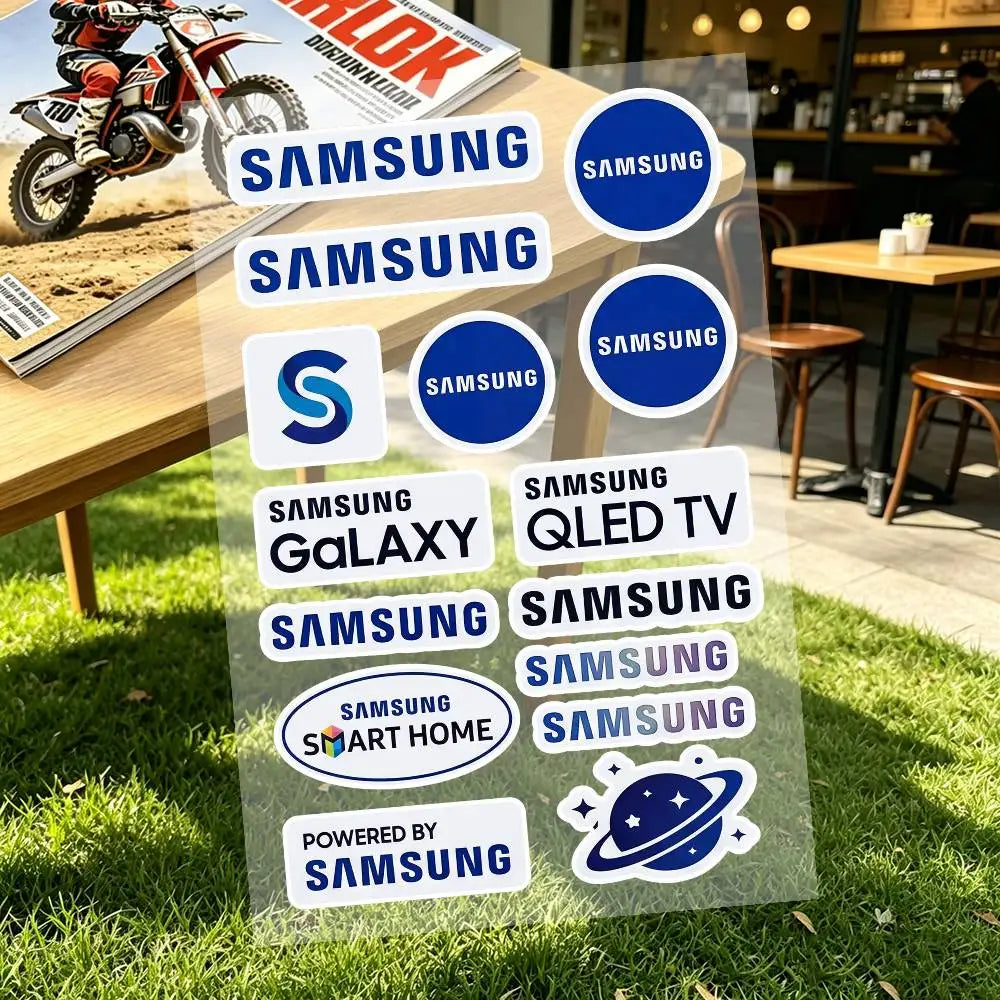 autocollants réfléchissants sécurité moto bleu blanc noir logos samsung modernes minimalistes