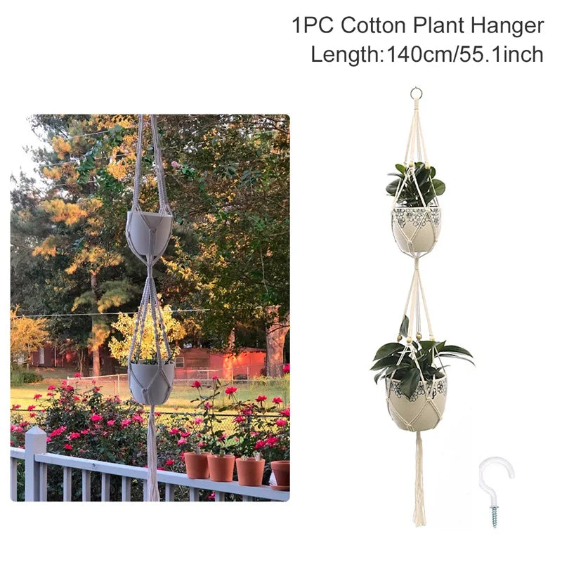 support plante suspendu macramé boho artisanal blanc beige orange tissé oeilletsextérieur exposition arbres
