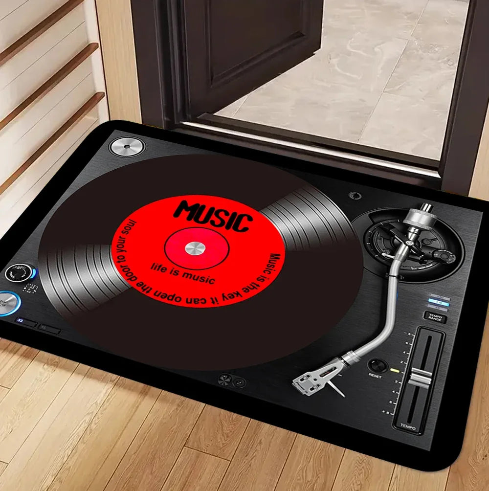 tapis vinyle vintage cassettes notes musique antidérapant rétro salon noir rouge blanc