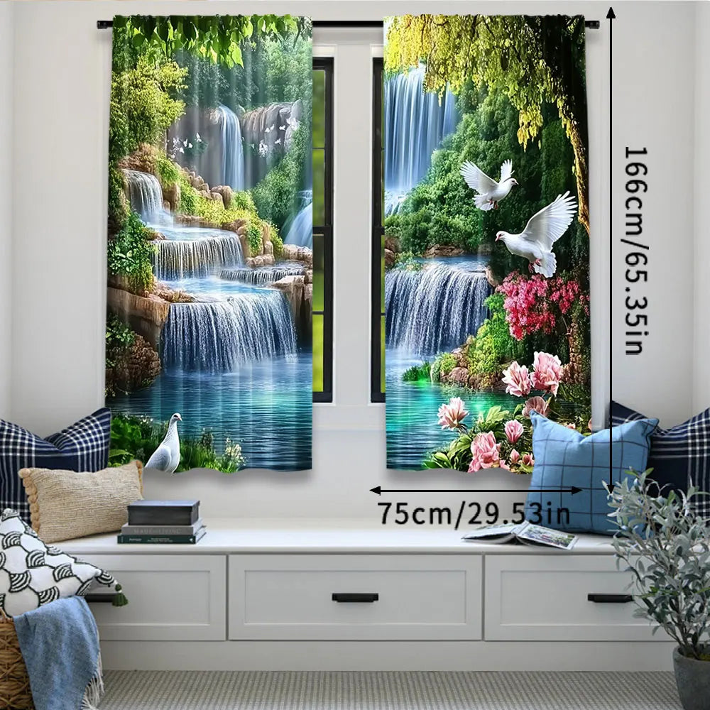 rideau naturel cascade végétation oiseaux blancs roses fleurs verte bleue marron pastoral 105x230cm