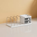 support livres transparent moderne tiroirs poignées lapin blanc grille métal chromé