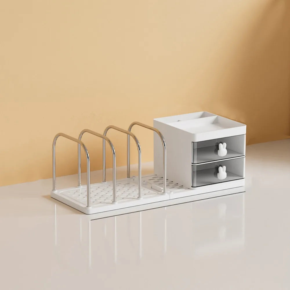 support livres transparent moderne tiroirs poignées lapin blanc grille métal chromé