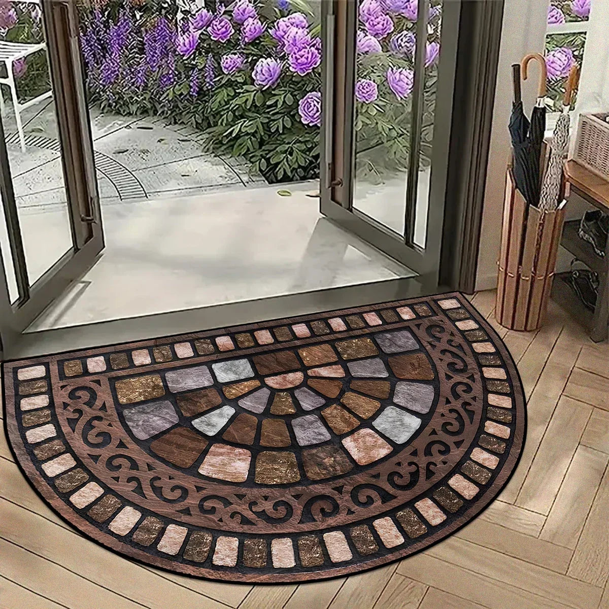 tapis d'entrée antidérapant vintage motif mosaïque floral porte salon maison intérieur classique