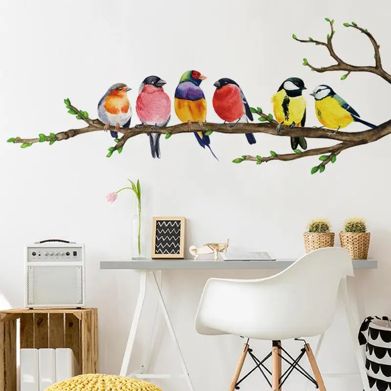 décoration murale autocollant oiseaux multicolores branche feuilles vertes intérieur chambre