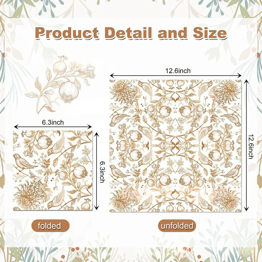 serviettes papier motifs oiseaux pomegranates fleurs vintage pliées dépliées mariage thé decoration diys table