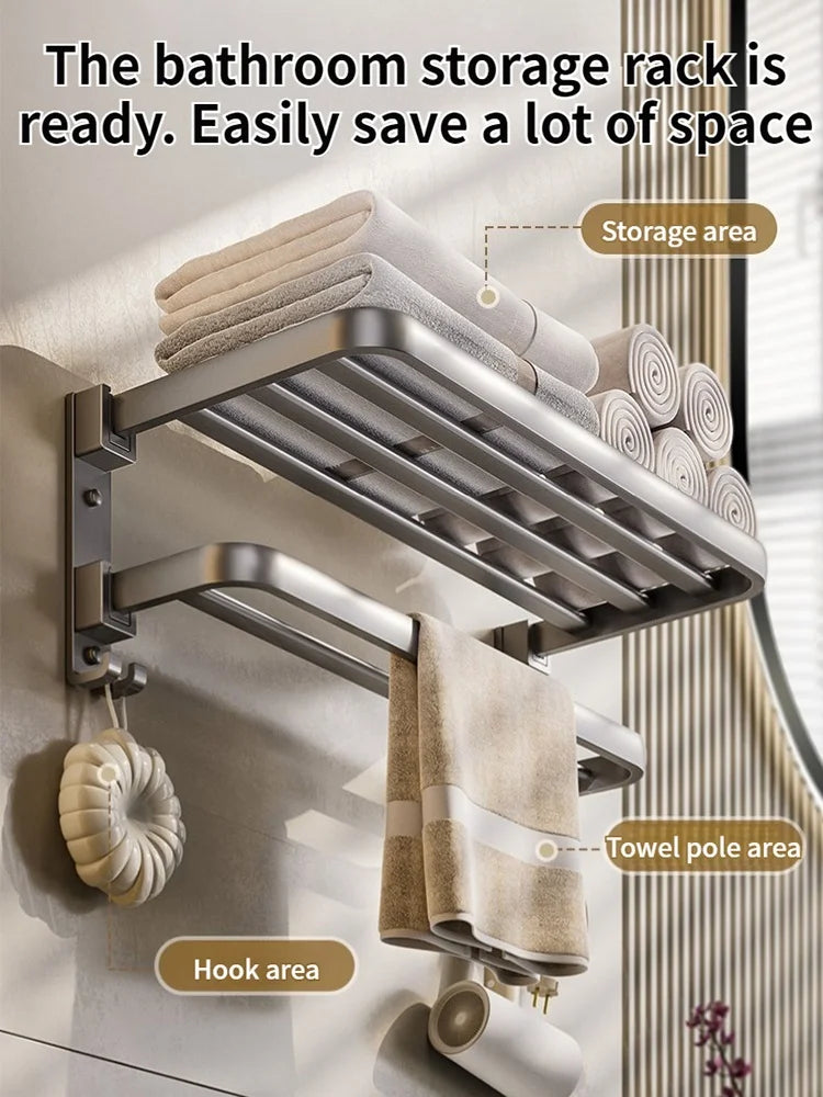 étagère rangement bain moderne pliable barre serviettes crochets gris métallique fixation murale