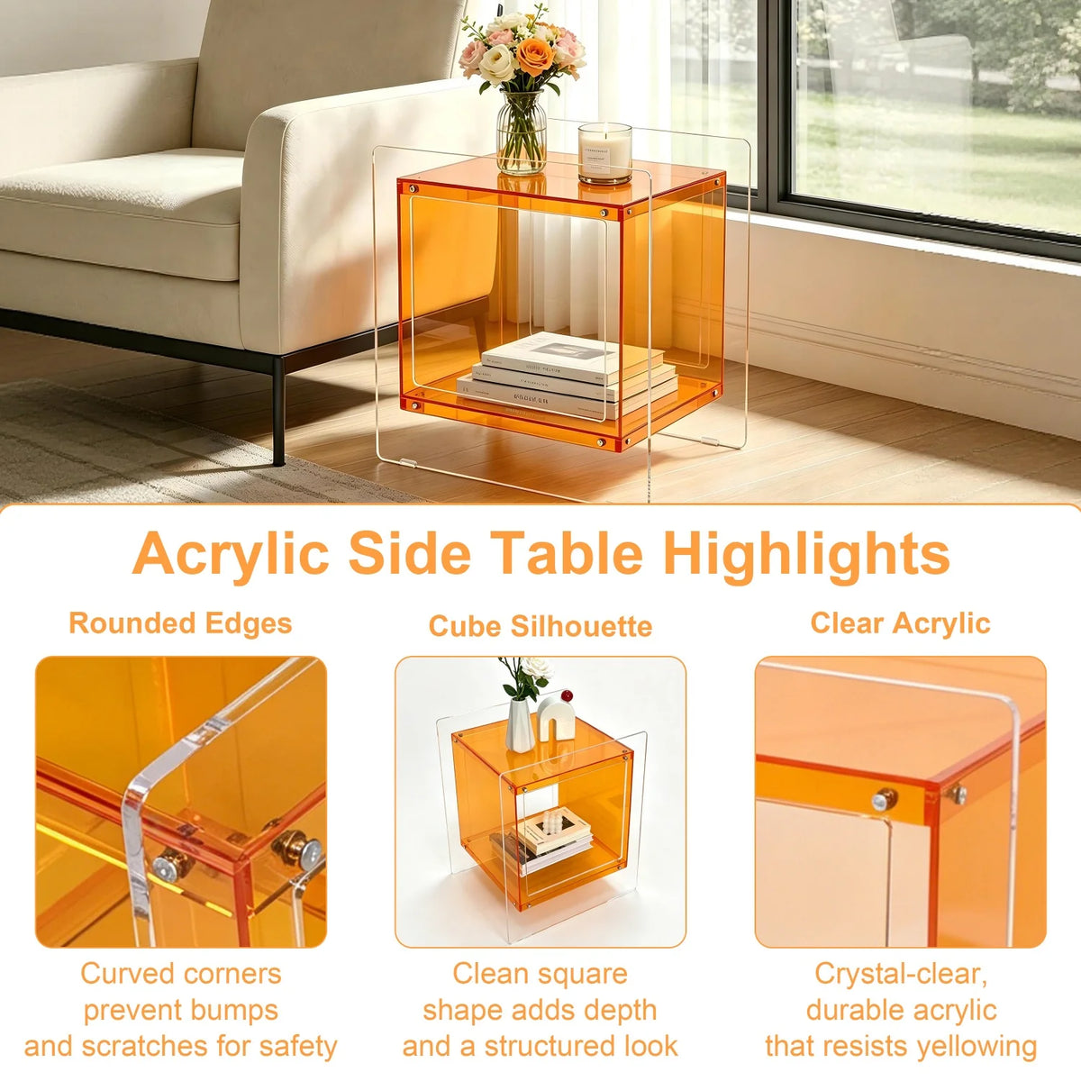 table d'appoint moderne transparente rouge orange carree minimaliste maison chambre salon