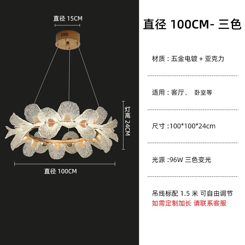 Suspension lumineuse moderne florale blanc doré LED câbles métalliques transparentes chambre salon