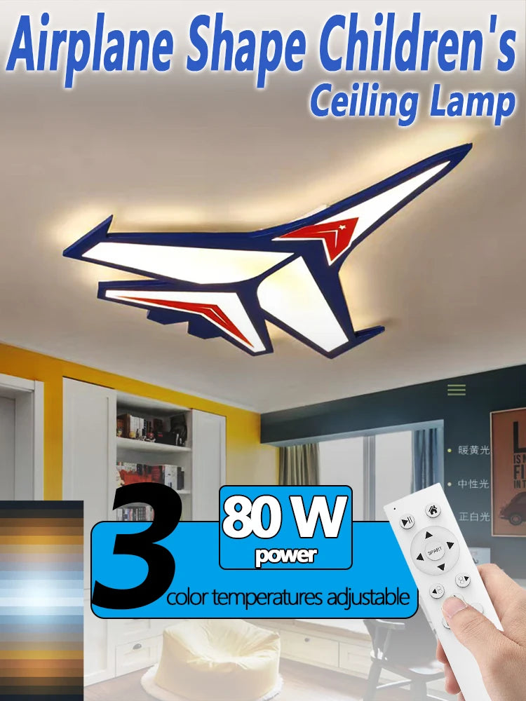 lampe avion enfant bleu blanc rouge détails télécommande moderne éclairage quotidien contemporain