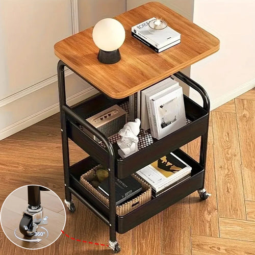 table d'appoint mobile bois marron clair métal noir roulettes industriel élégante minimaliste assemblage facile