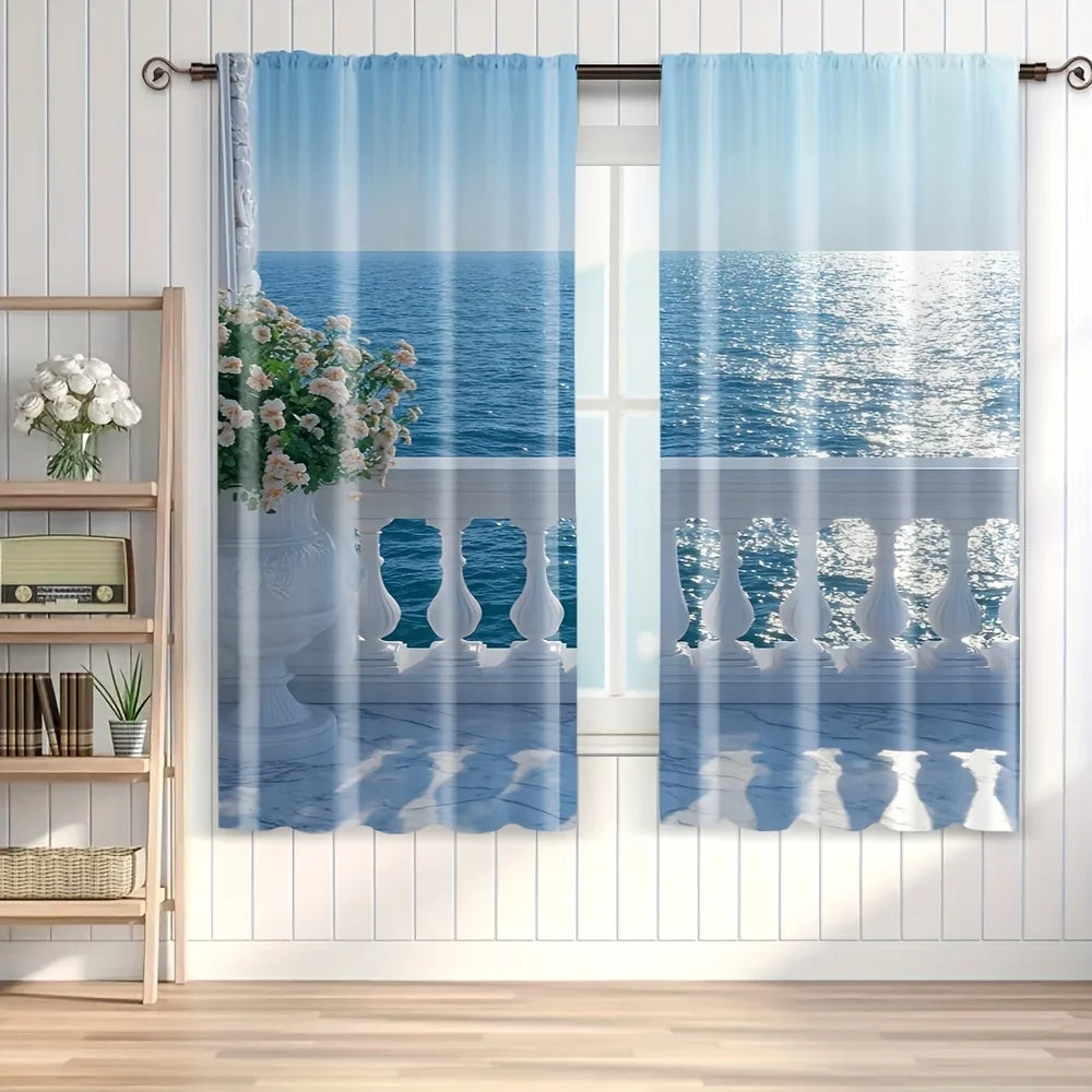 rideau imprimé paysage marin bleu blanc semi transparent moderne 24x59in 30x65in 41x91in 51x83in