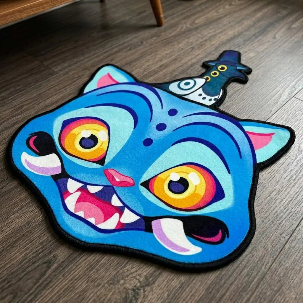 tapis animé tigre bleu jaune rose noir visage cartoon antidérapant flanelle diameter 80cm 100cm
