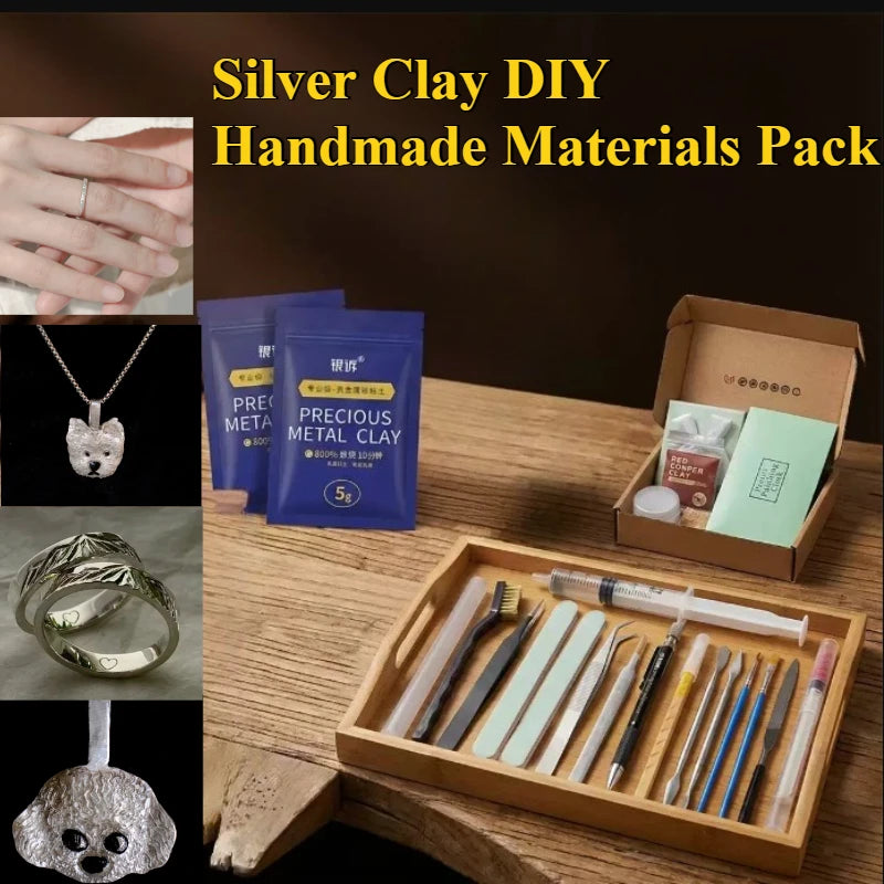 Bijoux argentés artisanal pendentif bague outils argile précieuse détaillé sculpté kit création