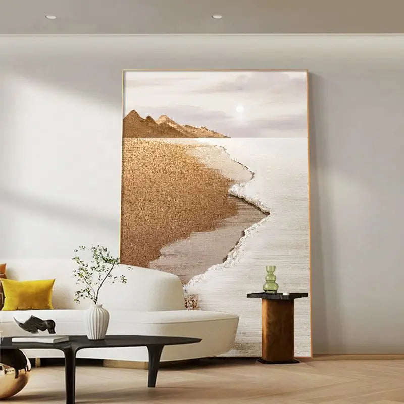 tableau abstrait paysage marin moderne beige gris blanc cadres bois toile aluminium chambre salon