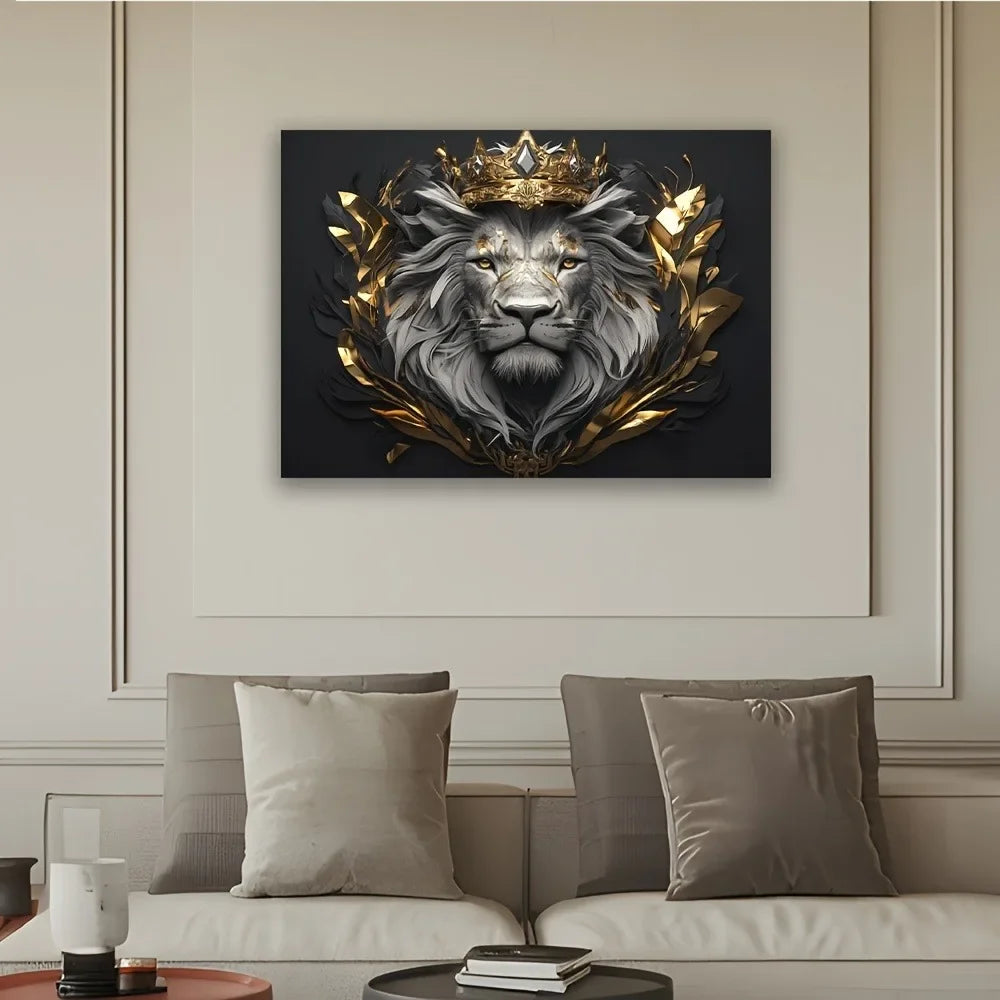 toile d'art portrait lion royal couronne feuilles dorées gris noir élégante décorative chambre salon