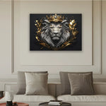 toile d'art portrait lion royal couronne feuilles dorées gris noir élégante décorative chambre salon