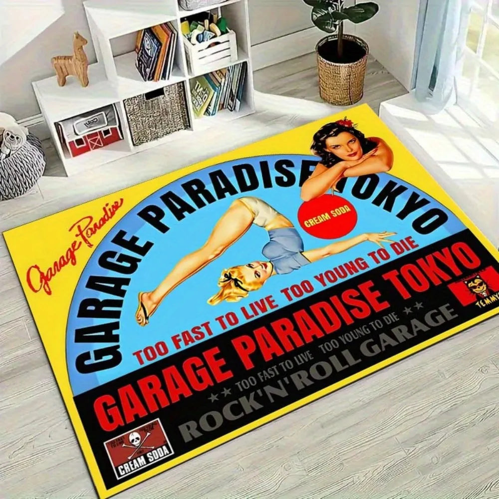 tapis vintage rockabilly pin up garage tokyo rapide jeunes anti slip résistant taches intérieur