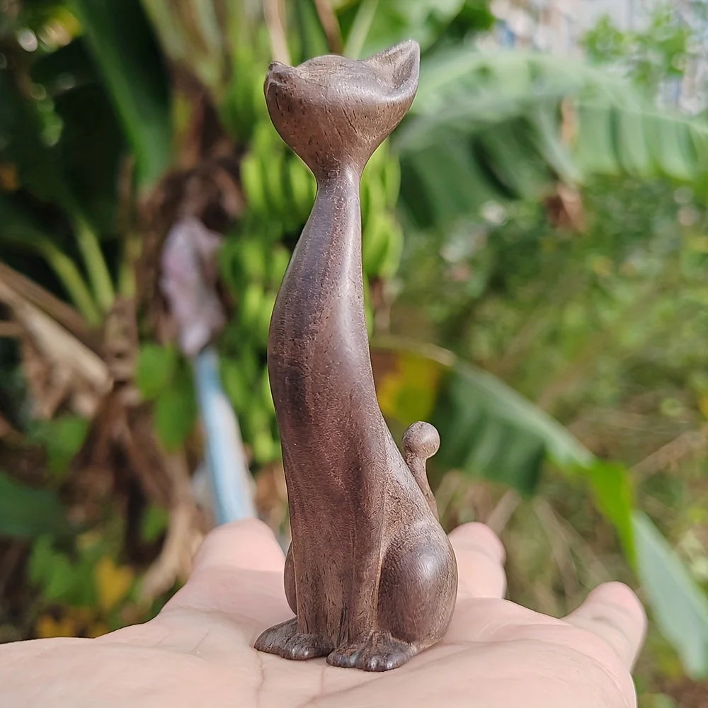 statue artisanale chat bois marron clair texture naturelle décoration maison erotique artisanat