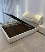 lit blanc simili cuir moderne tête lit rangement table chevet tiroirs chambre bois