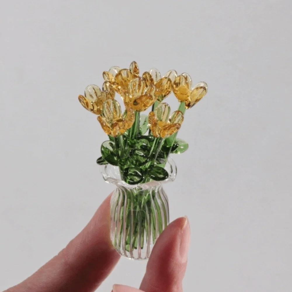 bouquet artificiel violet jaune vert blanc bleu orange feuilles vertes miniature vase transparent six