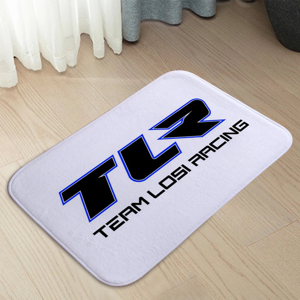 tapis moderne antidérapant noir blanc jaune bleu logo tlr racing geometrique salon entrée