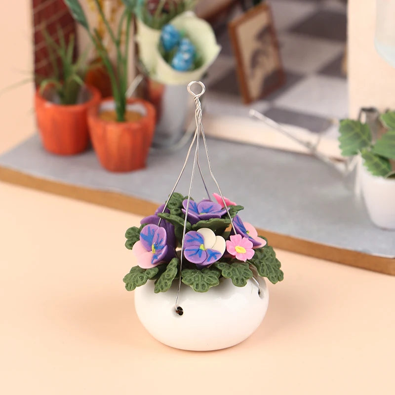 pots fleurs suspendus miniatures maison poupée vert bleu rose décoration naturelle artificiels