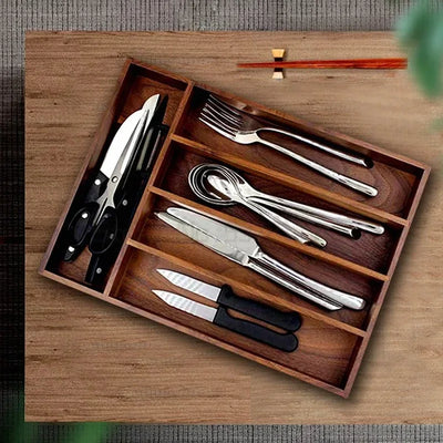 Boîte de rangement pour couverts en bois noir design coréen vue de dessus