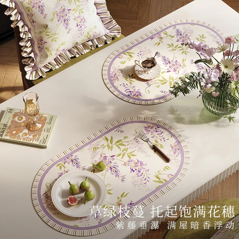 tapis table violet vert beige fleurs feuilles bordure rayée classique floral resistant pvc 30x50cm