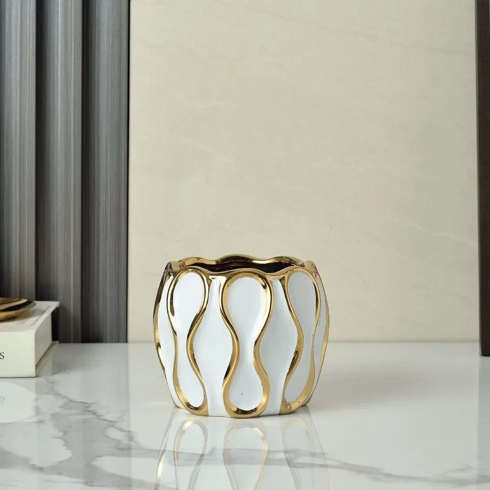 vase céramique moderne blanc or noir lignes dorées élégant décoration salon fleurs artificiellements