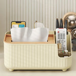 boîte rangement multifonctionnelle moderne beige clair rayures verticales pieds ronds mouchoirs lunettes télécommande parfum
