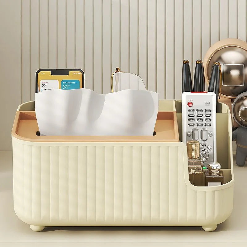 boîte rangement multifonctionnelle moderne beige clair rayures verticales pieds ronds mouchoirs lunettes télécommande parfum