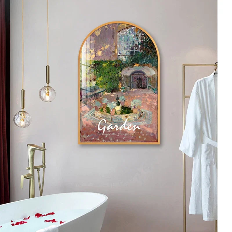 tableau impressionniste paysage floral peinture huile marron vert rose bleu jaune blanc 40 60cm