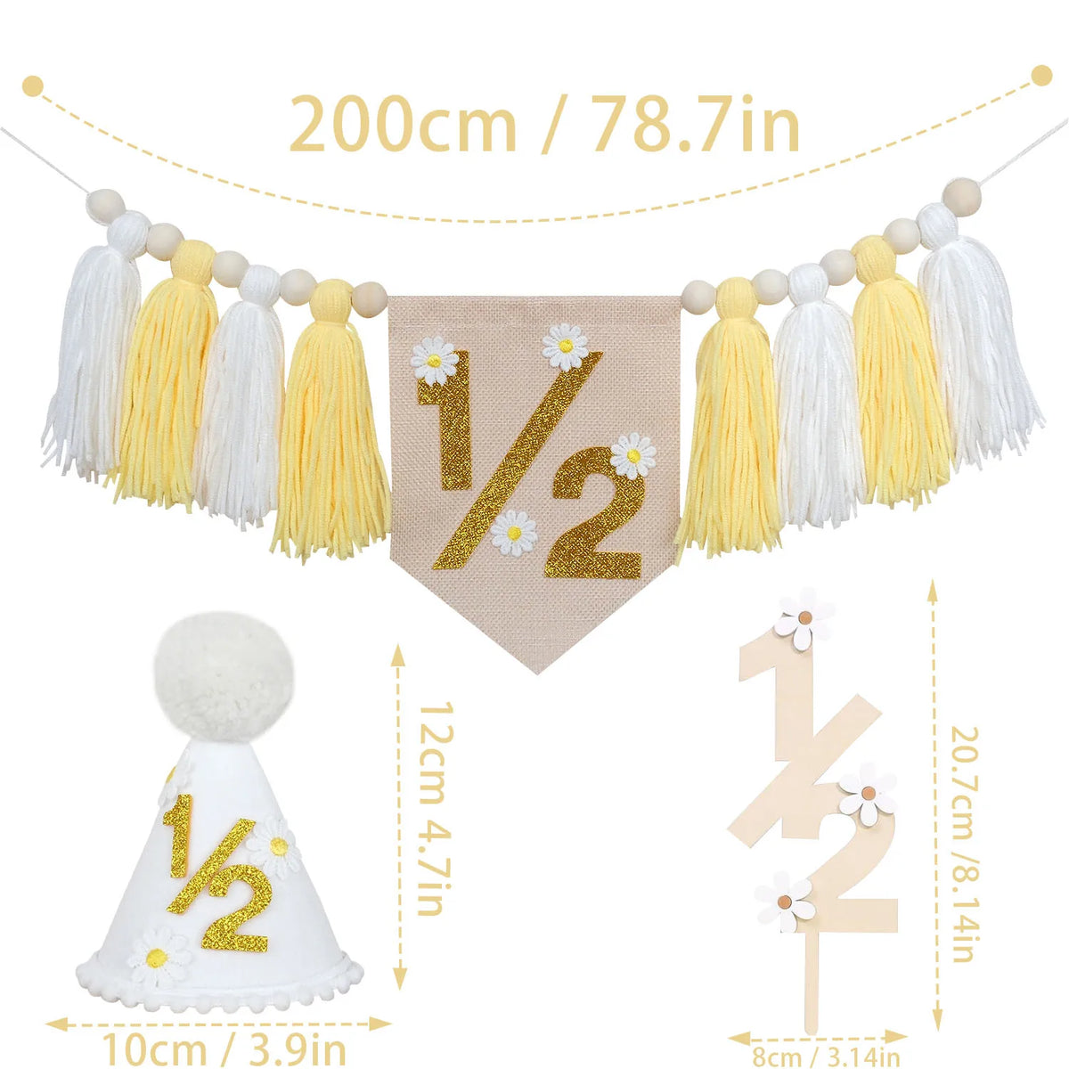 décoration anniversaire bannière chapeau conique fleurs blanches pompons gâteau floral trousseau boisclair