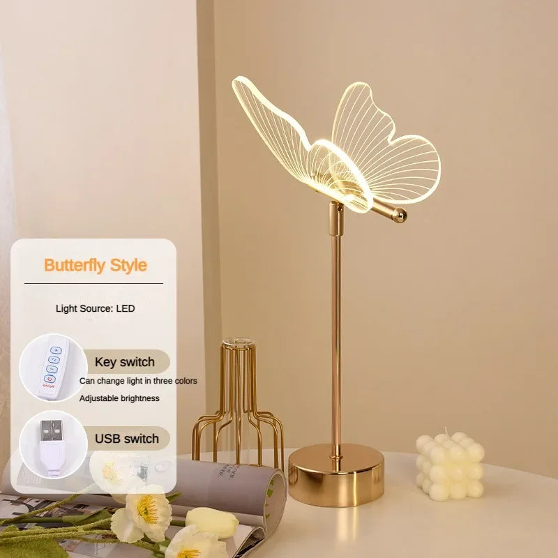lampe table moderne papillon led or transparent décoration chambre veilleuse usb minimaliste