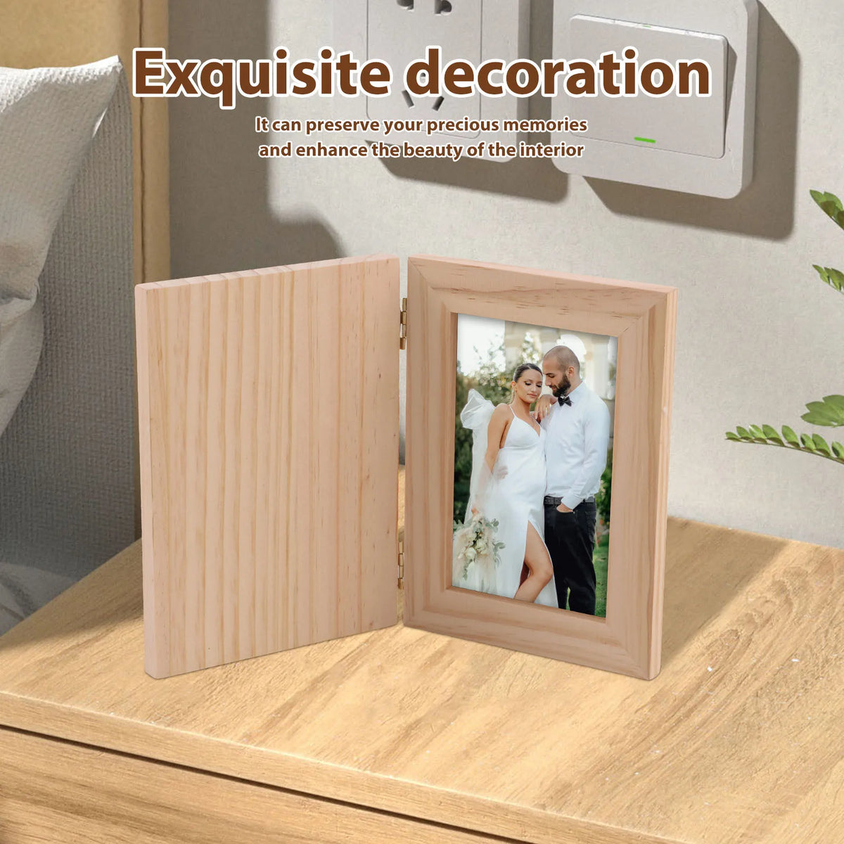cadre photo bois clair double face transparent rustique couvercle rabattable charnières dorées champêtre fixations