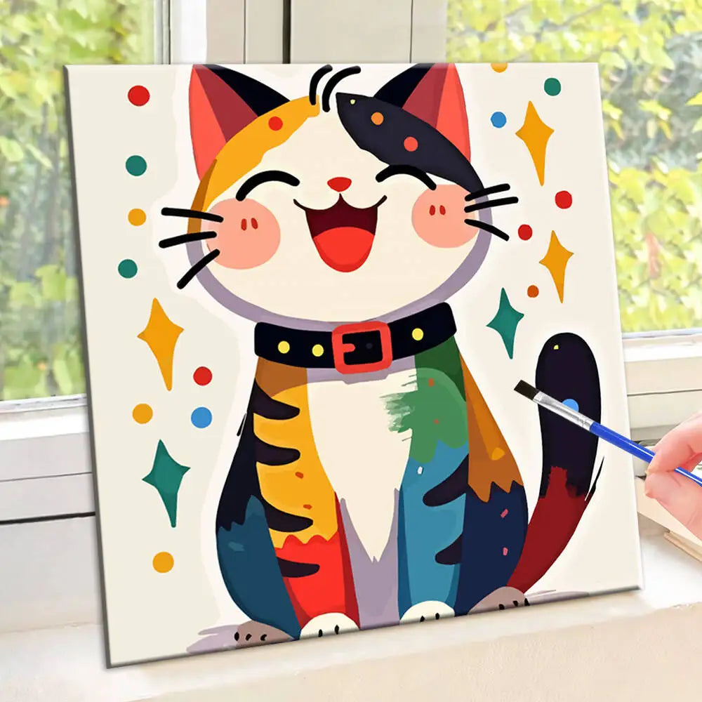 peinture numéro chat souriant motifs colorés toile moderne dessin animé pinceaux peintures crochets vis